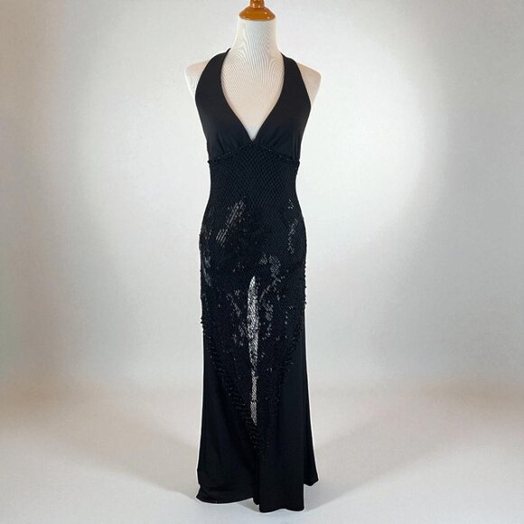 Vintage 90s Cache Womens Halter Jumpsuit beaded fishnet apron goth Mob Wife XS S - Picture 1 of 5